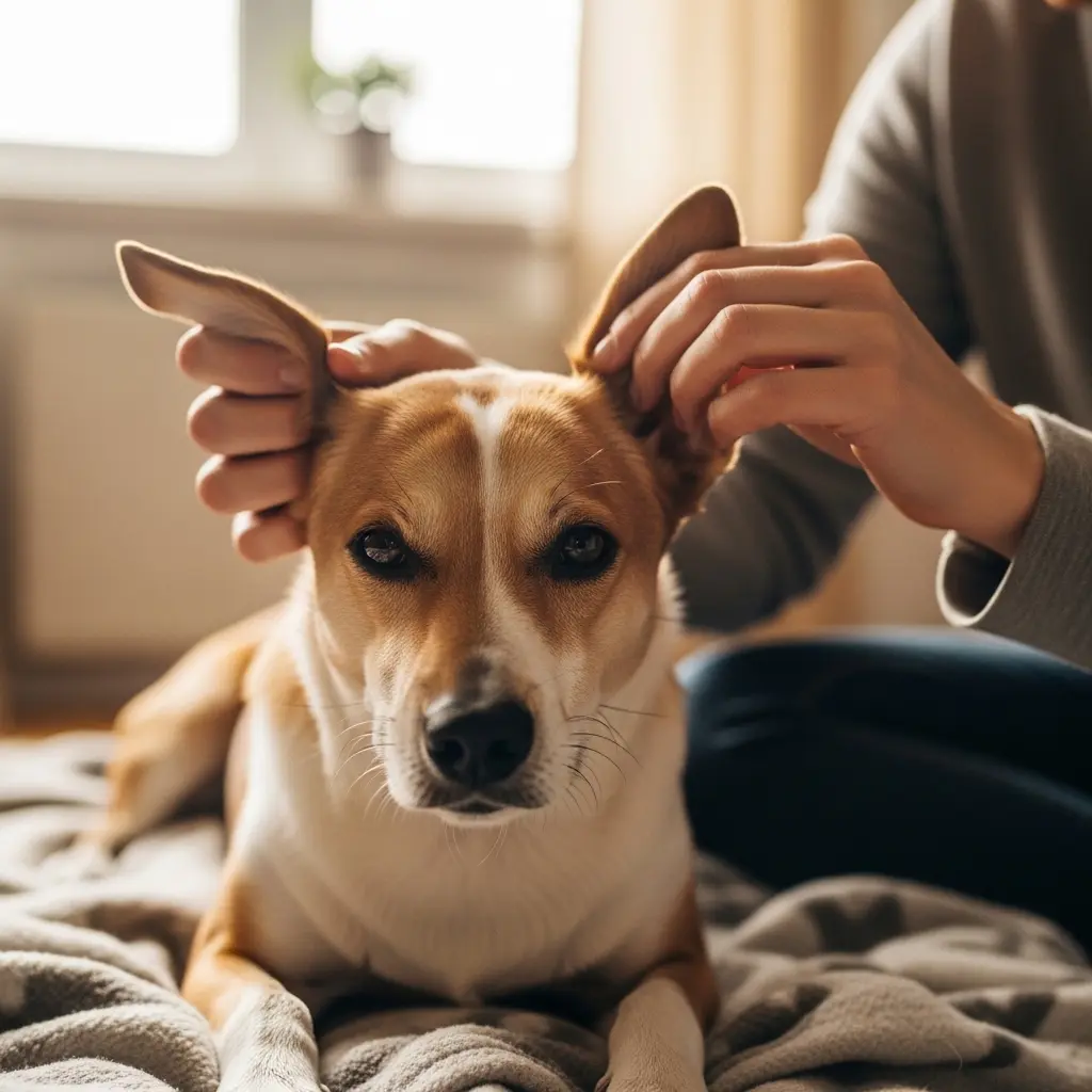 Dog owner gently checking their dog's ear during a home health check