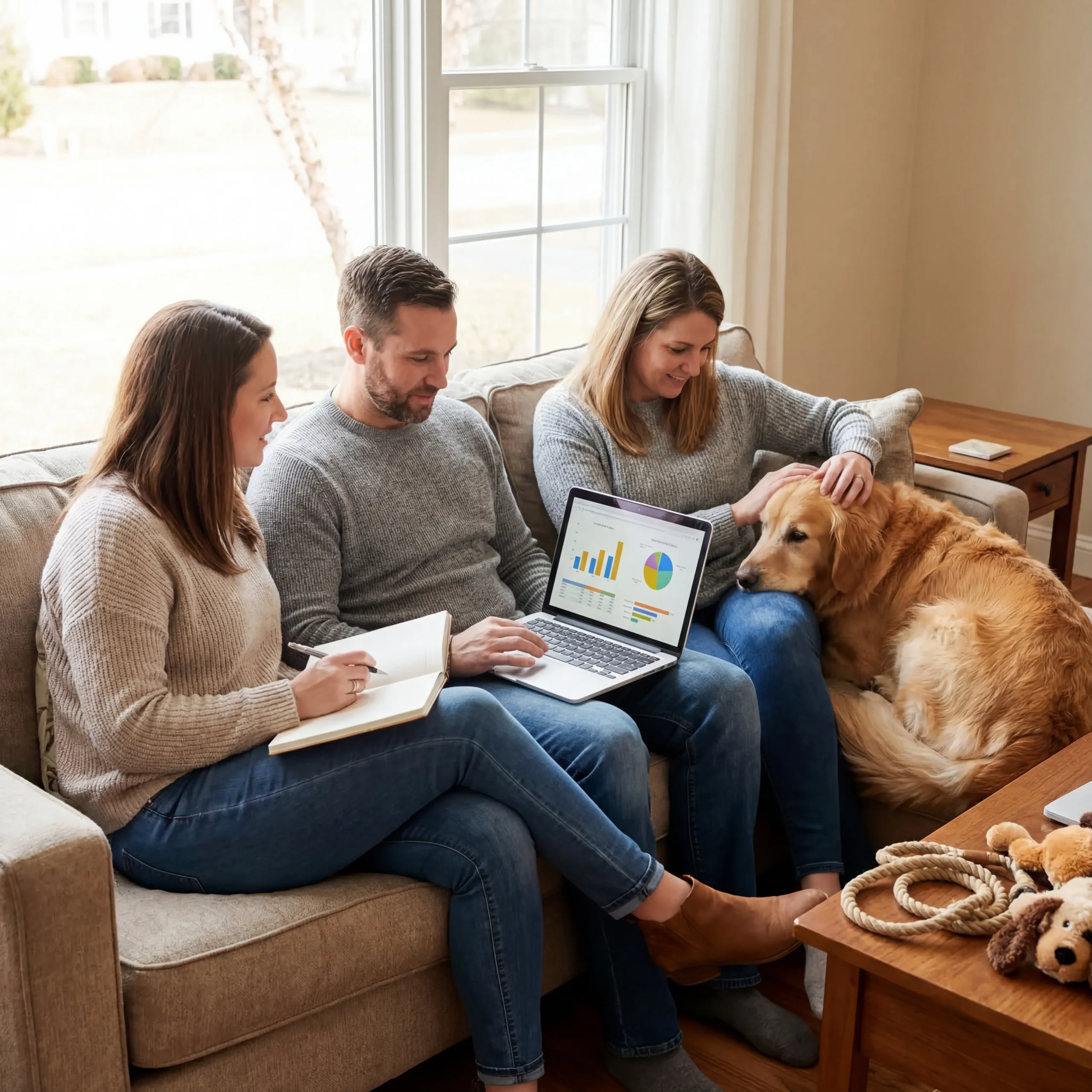 SnoutCheck team discussing dog health guides in a living room with a dog