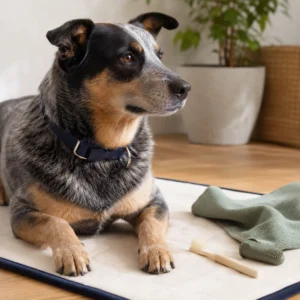 Calm mid-size dog with navy collar sitting on cream mat with navy trim beside a dog toothbrush in soft daylight