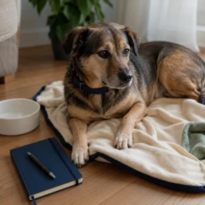 Calm mixed-breed dog with navy collar resting on cream blanket beside a navy notebook and water bowl in soft daylight