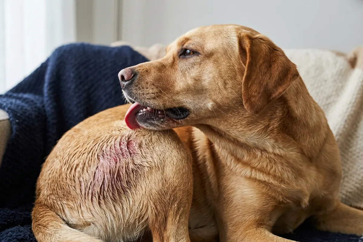 What triggers a hot spot on a dog A dog scratching and licking an irritated patch of skin, showing the itch-scratch cycle behind a hot spot