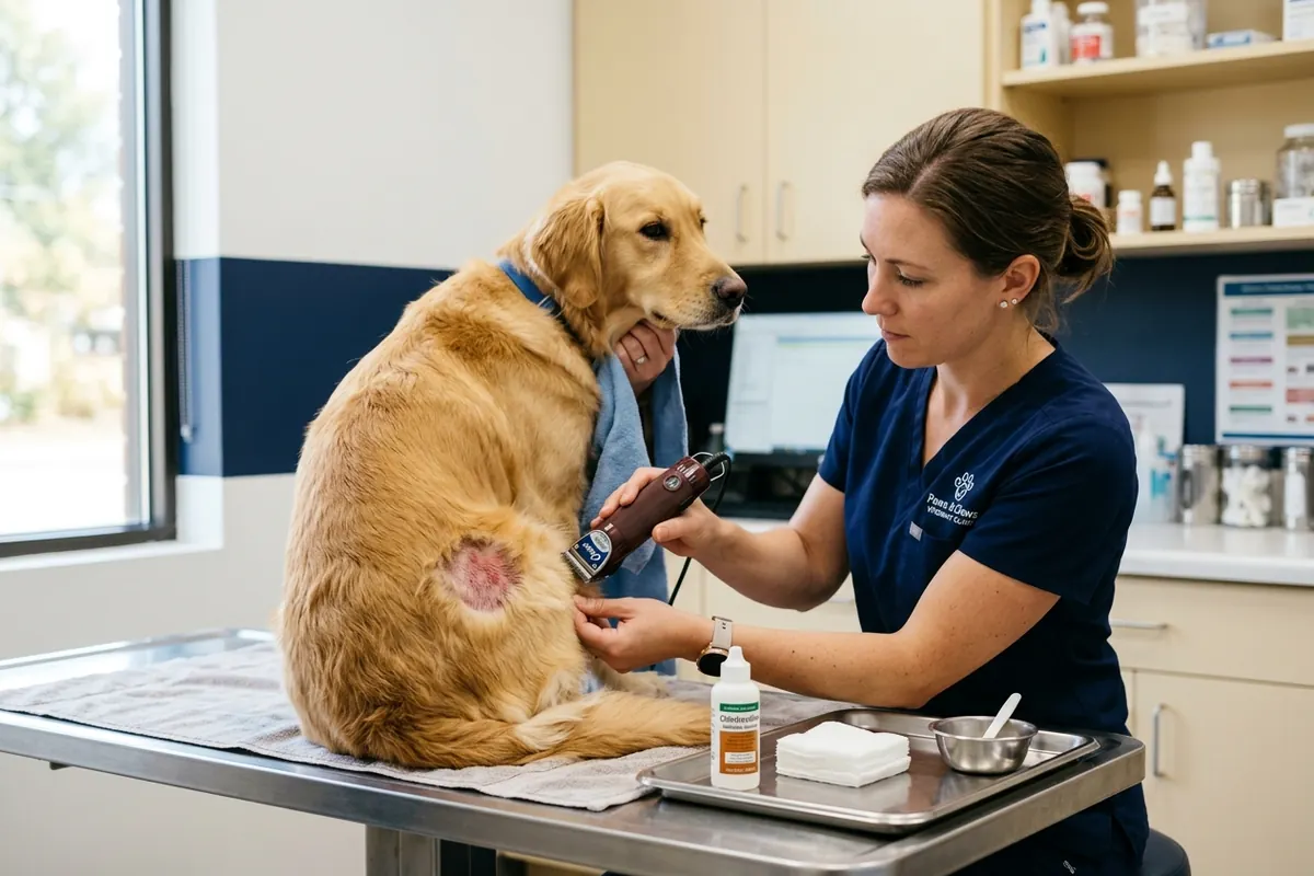 How a vet clips and treats a hot spot A veterinarian clipping fur around a dog's hot spot and cleaning the exposed skin in a calm exam room