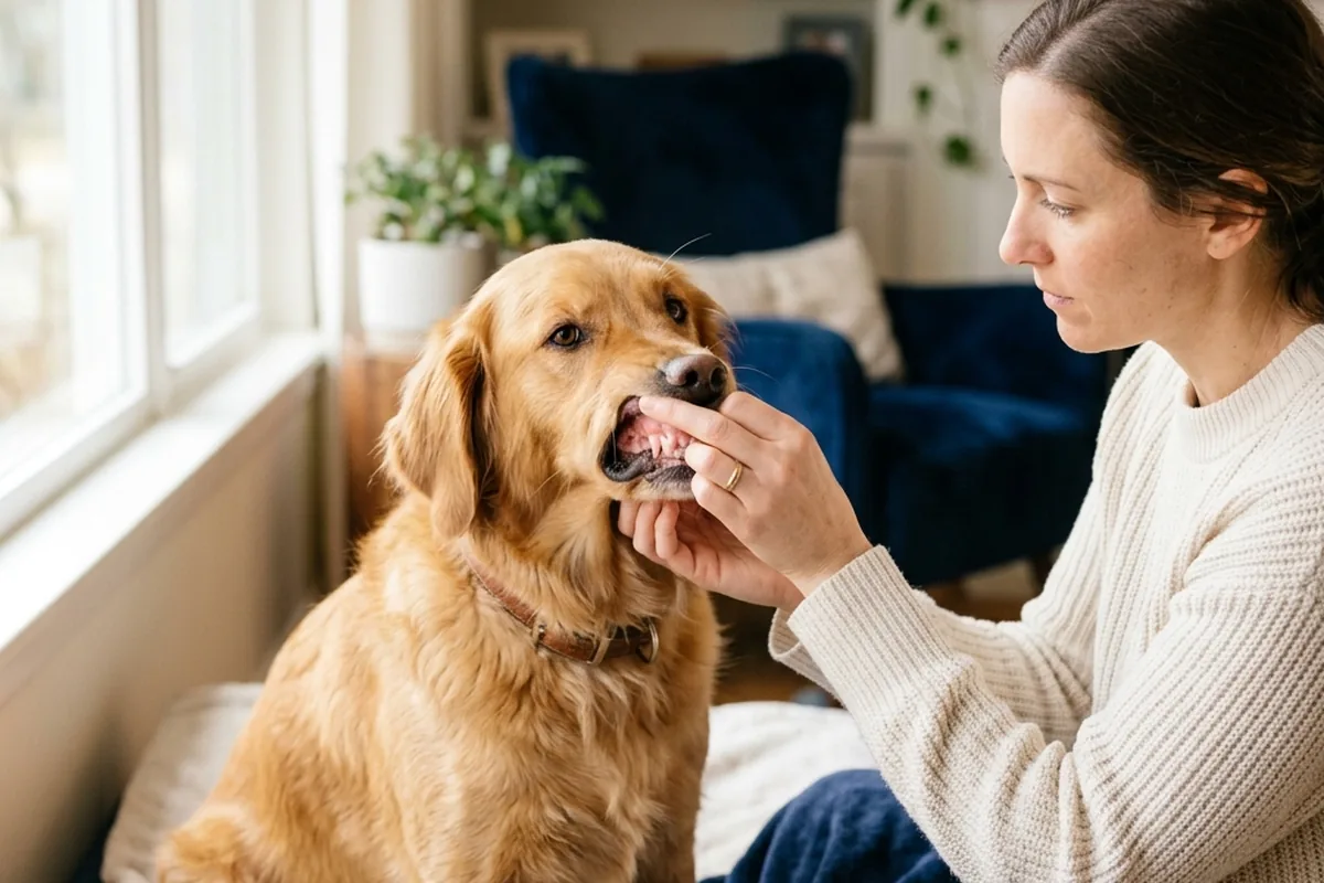 An owner lifting a dog's lip to check gum colour at night while holding a phone with a vet number