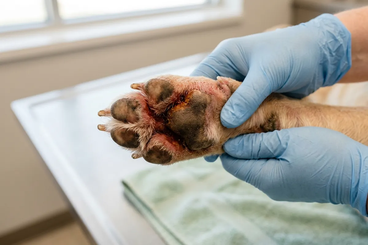 The telltale signs of paw yeast A dog's paw held open showing red inflamed skin and brown discolouration between the toes