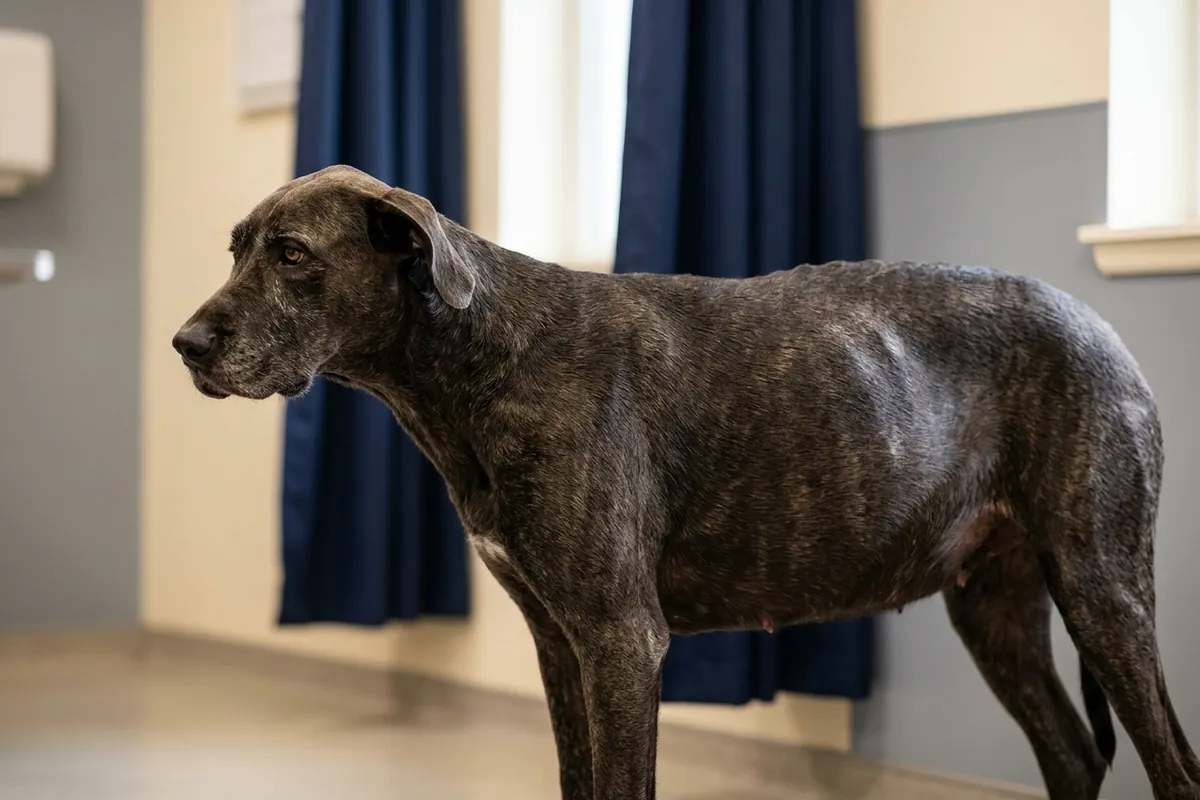 A deep-chested dog in profile with a visibly swollen, distended abdomen looking distressed