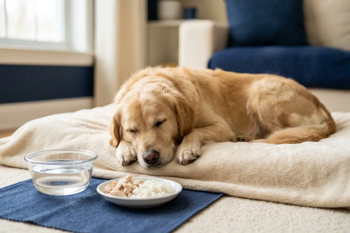 A bowl of water and plain boiled chicken and rice beside a calm resting dog at home