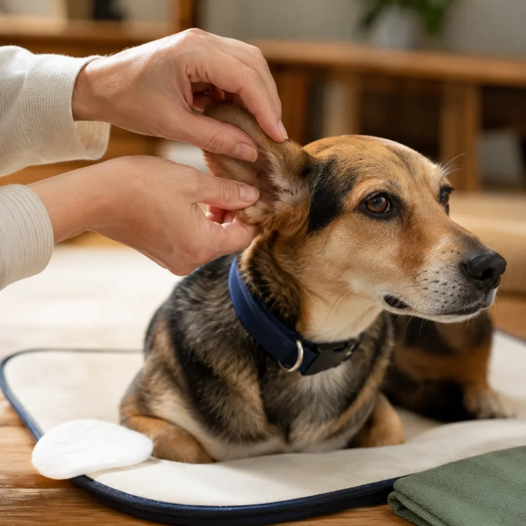 Calm floppy-eared dog with navy collar sitting on cream mat with navy trim having its ear gently checked in soft daylight