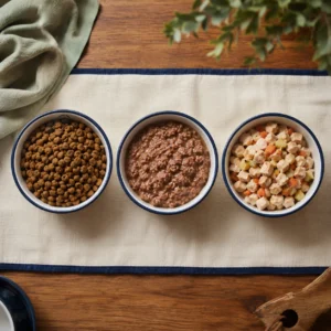 Three white ceramic bowls with navy rim holding kibble, canned and fresh dog food on cream runner with navy trim, top-down comparison