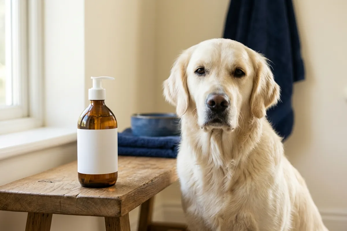 Why shampoo soothes but cannot cure A fragrance-free dog shampoo bottle beside a calm dog, showing soothing rather than a cure