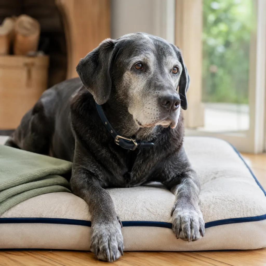 Grey-muzzled senior labrador with navy collar lying on cream orthopedic mat with navy trim, one paw extended, in soft daylight