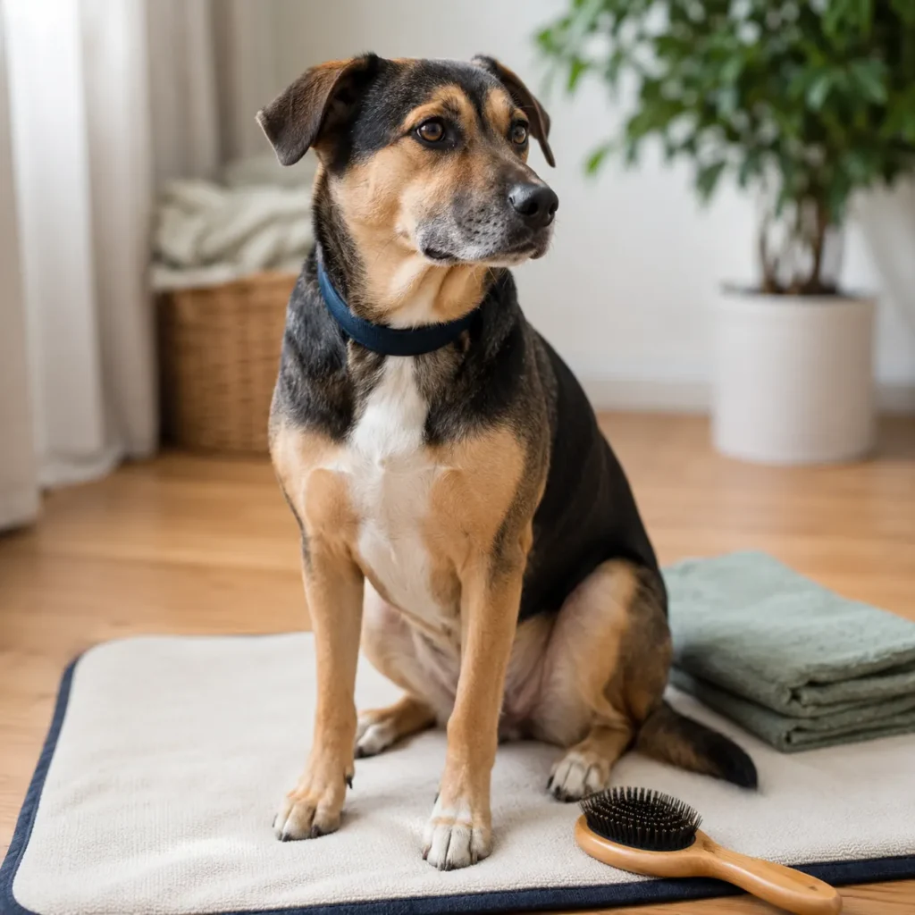 Calm short-haired dog with navy collar and glossy coat sitting on cream grooming mat with navy trim beside a wooden brush in soft daylight