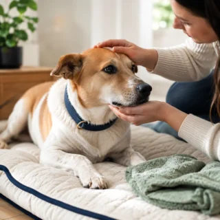 Calm short-haired dog with navy collar on a cream mat with navy trim in soft daylight