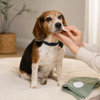 Calm floppy-eared dog with navy collar on a cream mat beside a cotton pad in soft daylight