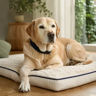 Calm senior dog with navy collar on a cream orthopedic mat with navy trim, paw extended, in soft daylight