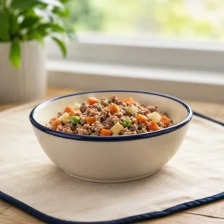 White ceramic bowl with navy rim holding a balanced plain dog meal on a cream placemat with navy trim in soft daylight