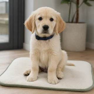 Calm healthy puppy with navy collar on a cream mat with sage trim in soft daylight