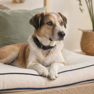 Relaxed mid-size dog with navy collar on a cream bed with navy piping in soft daylight