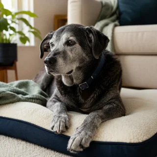 Calm grey-muzzled senior dog with navy collar on a cream orthopedic mat with navy trim in soft daylight
