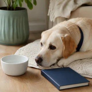 White water bowl and navy notebook on wood floor beside a calm dog with navy collar in soft daylight