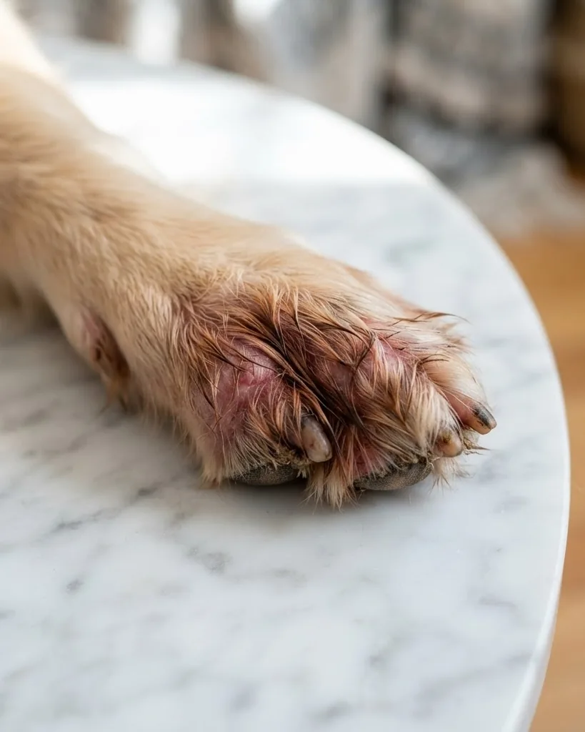 Yeast staining between the toes Close-up of rusty-brown yeast staining and irritation between a dog's toes
